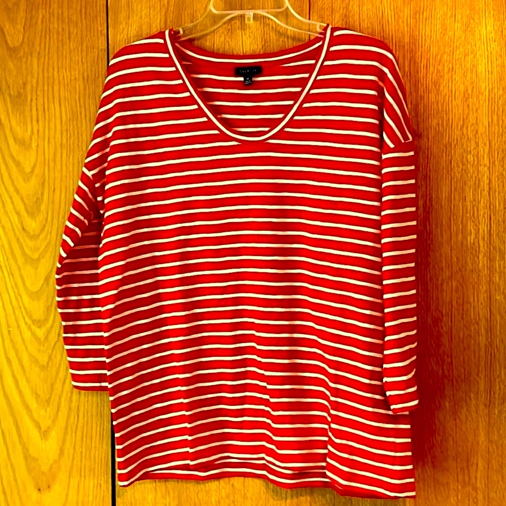 Talbots burnt orange white cotton stripe tunic tee top shirt button accent EUC